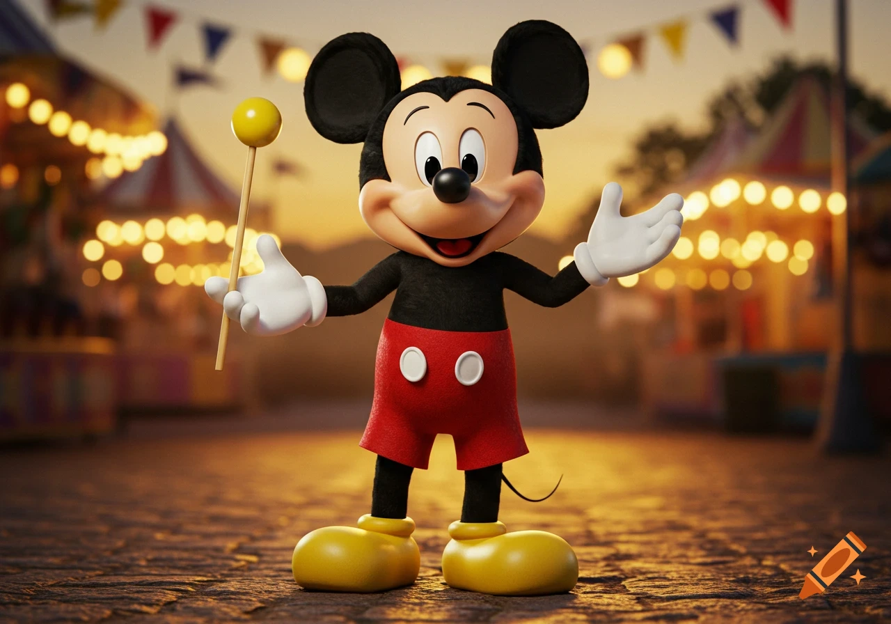 Mickey Mouse stands at a colorful fairground during sunset, holding a yellow stick.
