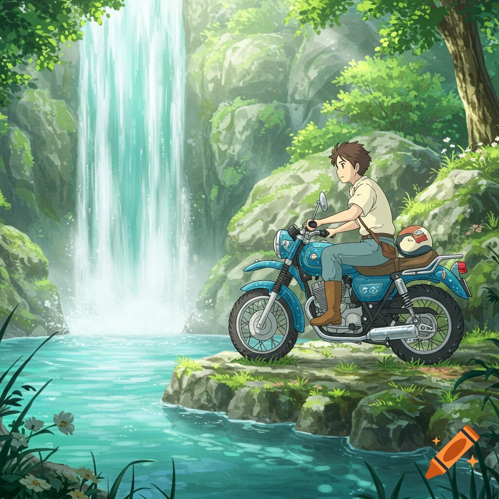 A young man on a blue motorcycle sits by a beautiful waterfall in a lush forest, in Studio Ghibli anime style.