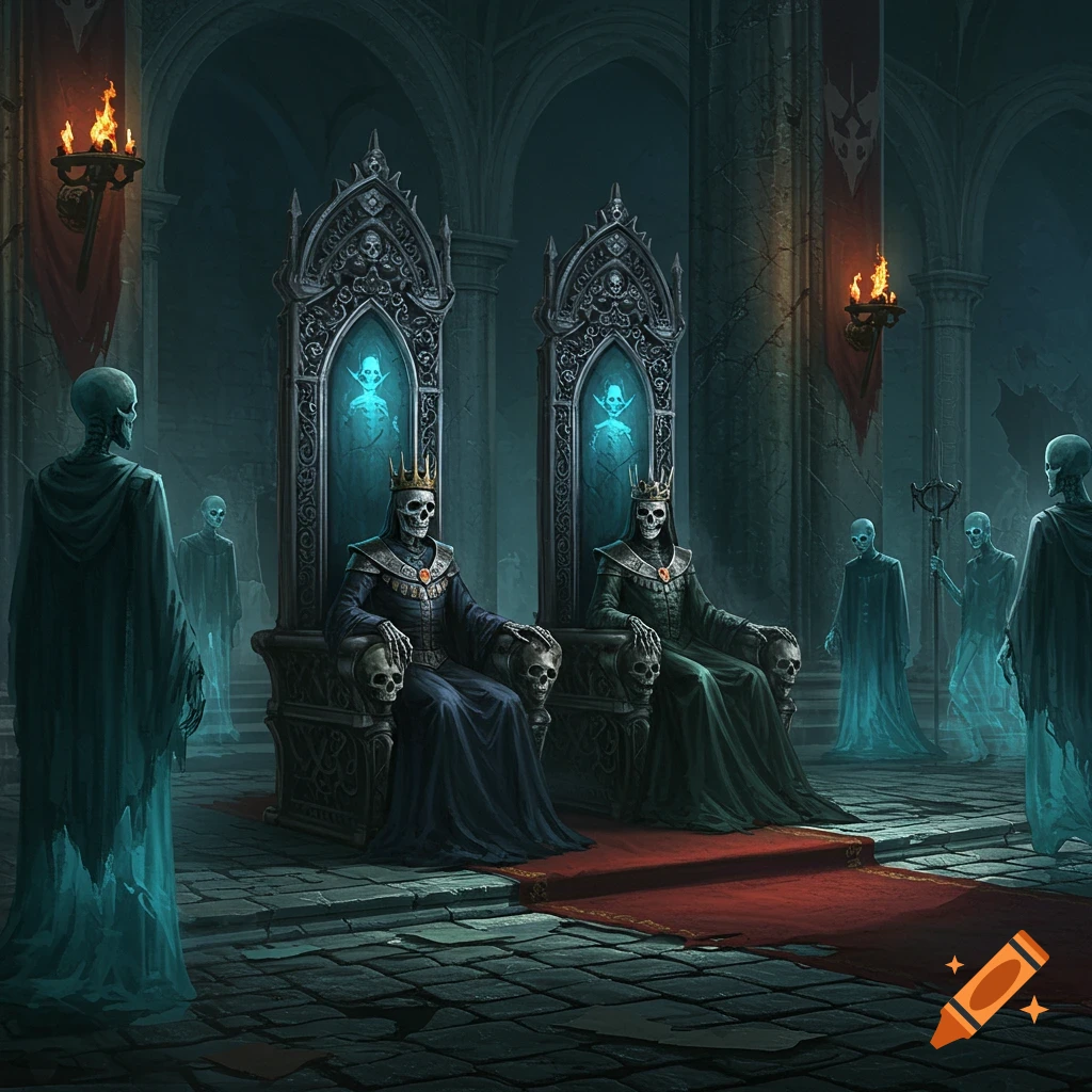 Skeletal king and queen on ornate thrones in a dark gothic hall, surrounded by ghostly skeleton courtiers.