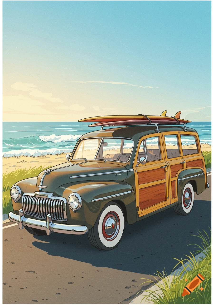 An illustration of a vintage dark green Woody station wagon with two surfboards on its roof, parked on a road next to a sunny beach with ocean waves.
