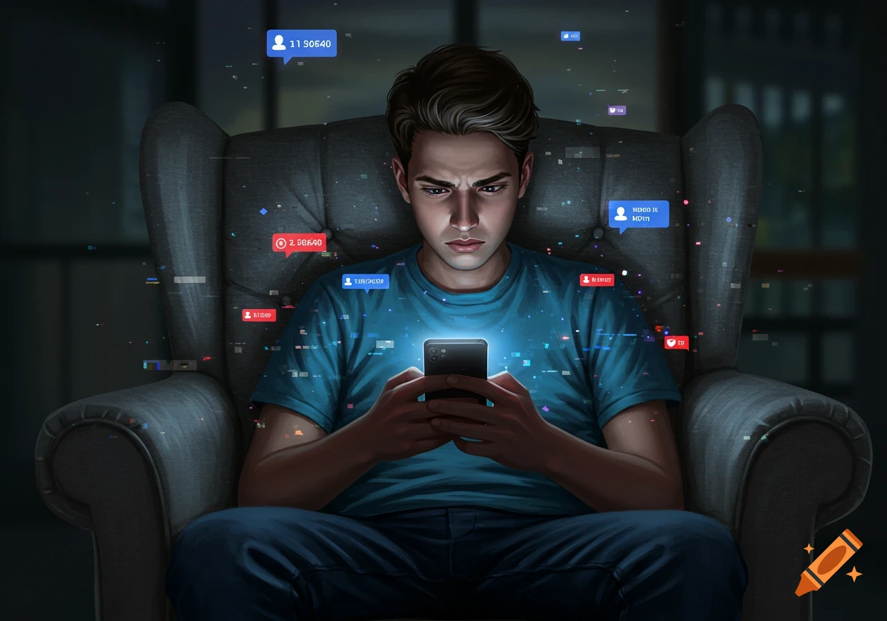 A young man with a distressed expression sits in an armchair, illuminated by his glowing smartphone, surrounded by floating, garbled social media notifications and digital static.