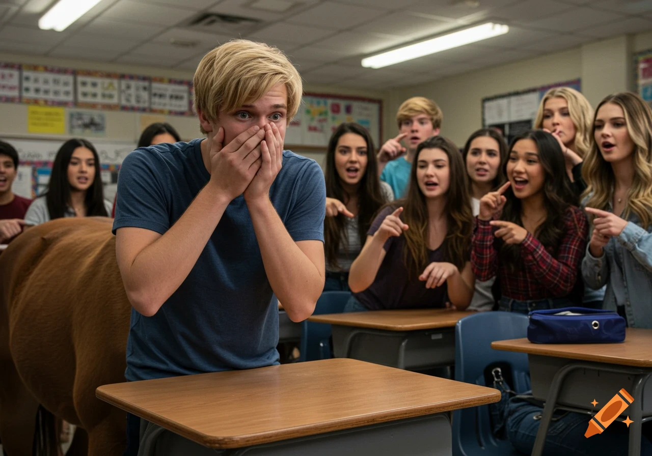 A blond student covers his face in embarrassment as other students point at him and a horse's body in a high school classroom.