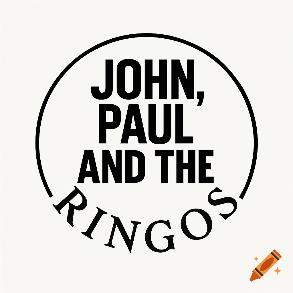 A black and white logo with "JOHN, PAUL AND THE" in the center, encircled by "RINGOS" at the bottom.