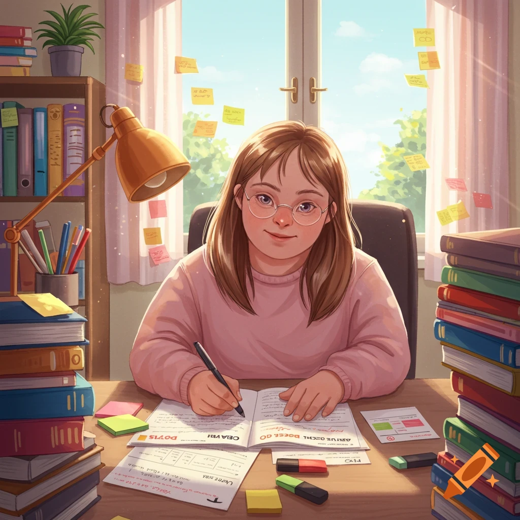 A young person with Down syndrome studies at a sunlit desk, surrounded by books and papers, in an illustrative style.