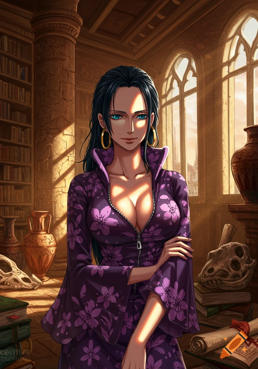 Anime style portrait of Nico Robin from One Piece in a sunlit library, wearing a purple floral dress.
