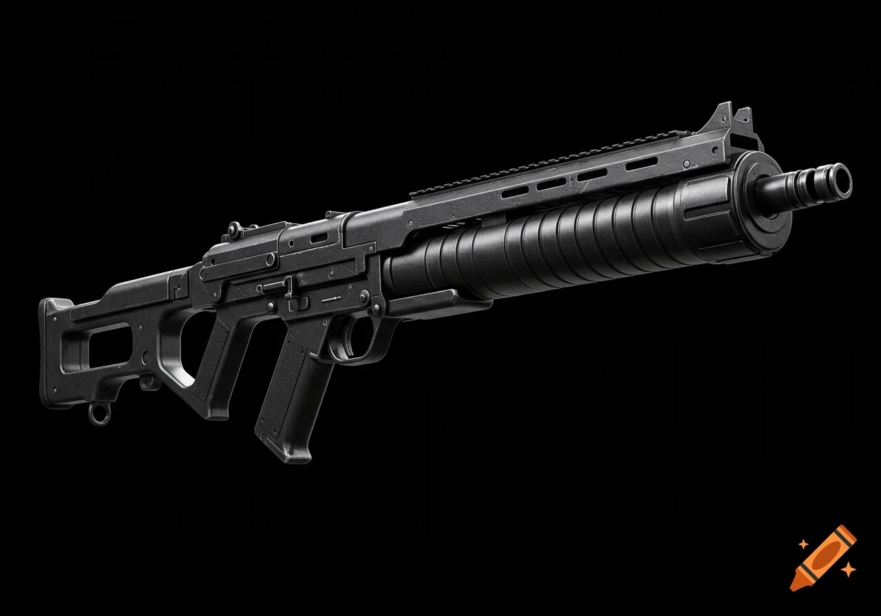 A detailed black Milkor grenade launcher against a black background.