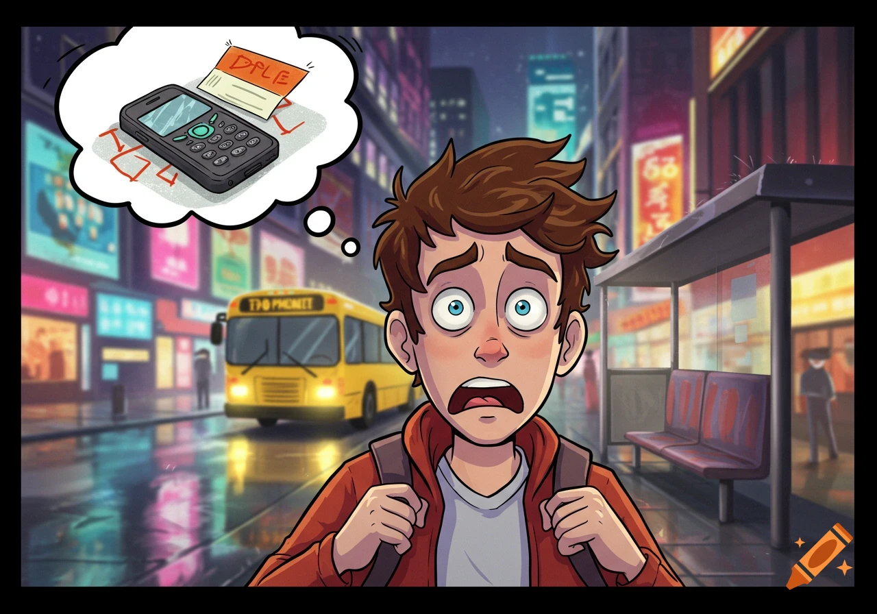 A panicked cartoon man with brown hair and blue eyes stands at a bus stop, a thought bubble above his head showing a phone and a note, as a yellow bus drives away in the background of a city street at night.