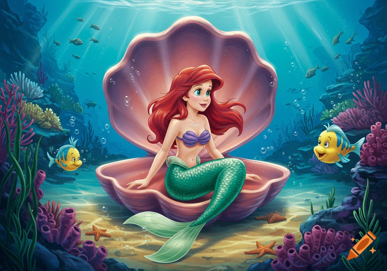 Ariel the Little Mermaid sits in a large open clamshell underwater, surrounded by fish, coral, and seaweed in a vibrant cartoon style.