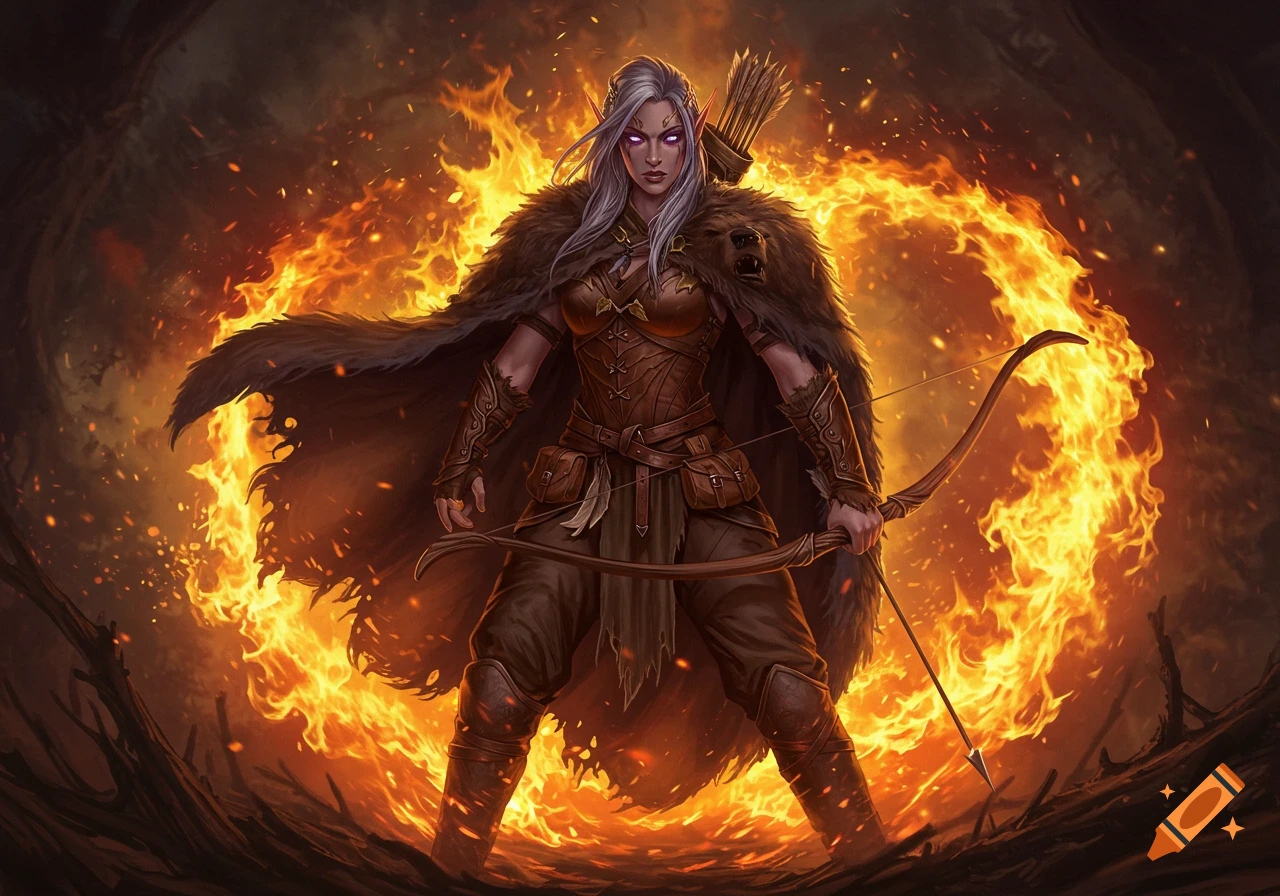 A female elf ranger in a bear pelt cloak stands holding a bow, surrounded by a ring of fire in a digital painting.