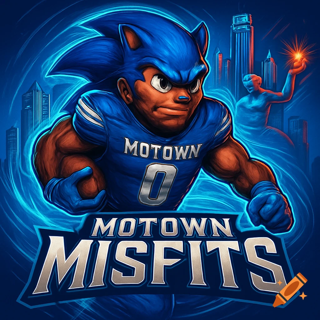 A blue hedgehog-like football player in a blue jersey with 'MOTOWN 0' and 'MOTOWN MISFITS' text, running with a football in front of a city skyline.