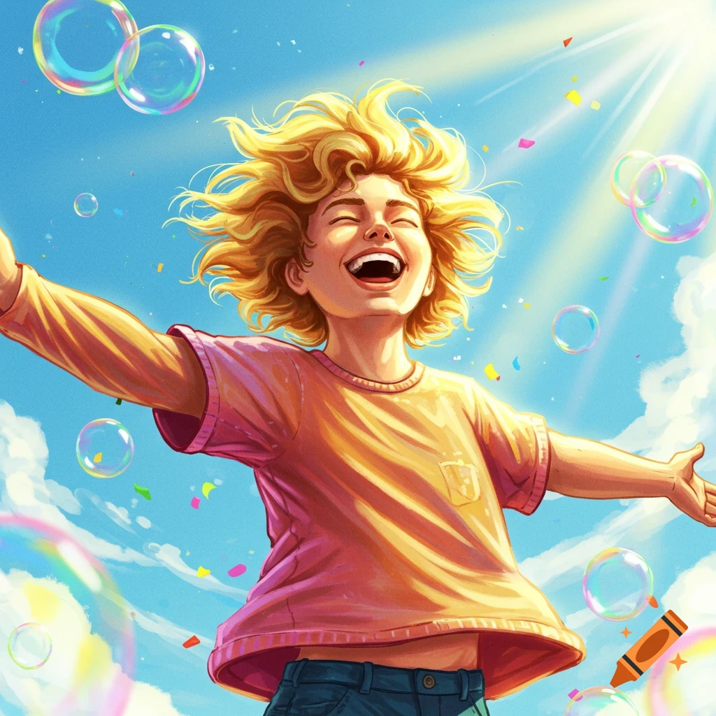 Vibrant illustration of a joyful child with blonde hair, laughing with arms outstretched under a bright blue sky filled with bubbles and confetti.