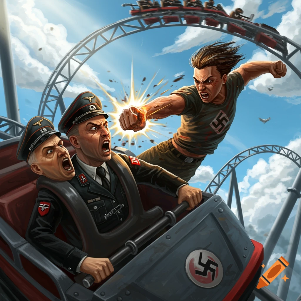 A stylized illustration of a person punching a figure in a Nazi uniform on a roller coaster, with other Nazi figures in the car.