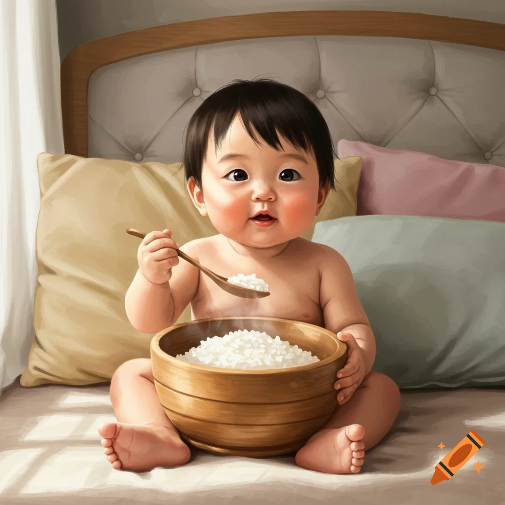 An adorable Asian baby sits on a bed, holding a large wooden bowl of white rice and a spoonful of rice.