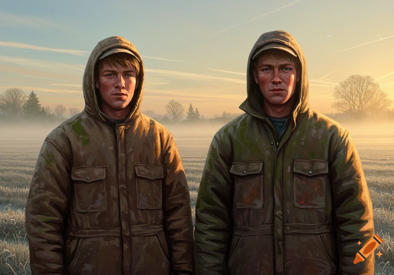 Two young men in hooded winter coats stand in a frosty, misty field at sunrise, looking forward.