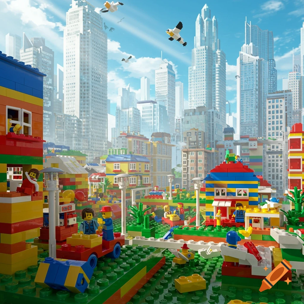 A vibrant Lego city with colorful buildings, minifigures, cars, and a clear sky with Lego birds.