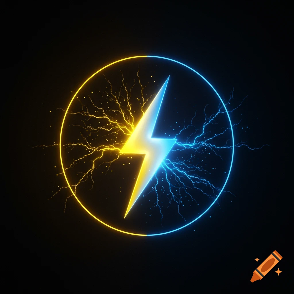 A stylized lightning bolt icon, half yellow and half blue, surrounded by a glowing yellow and blue circle with electric sparks on a dark background.
