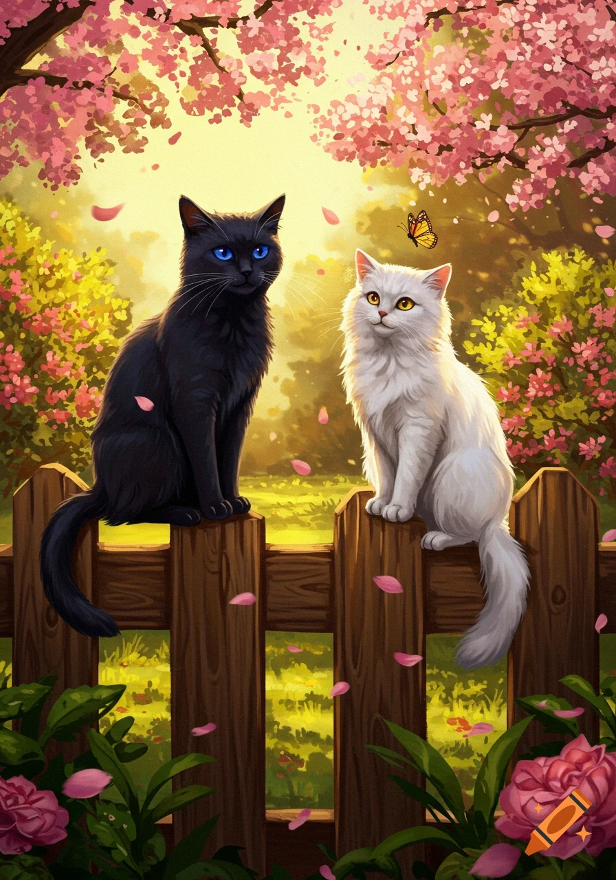 Two cats, one black and one white, sit on a wooden fence in a vibrant spring garden with pink cherry blossoms and falling petals, in an illustrated style.