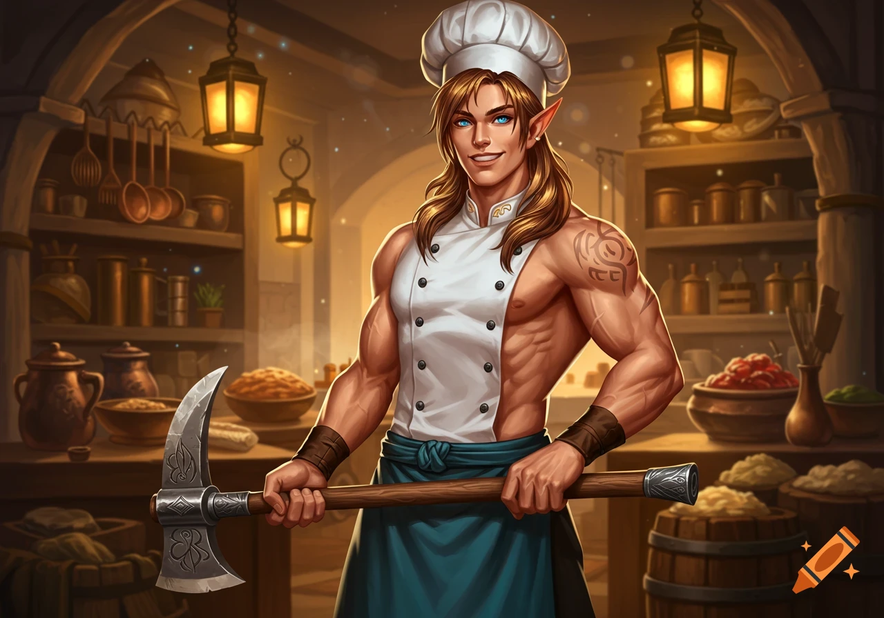 A muscular male elf chef with blue eyes and long brown hair smiles while holding a large hammer-axe in a rustic kitchen setting.