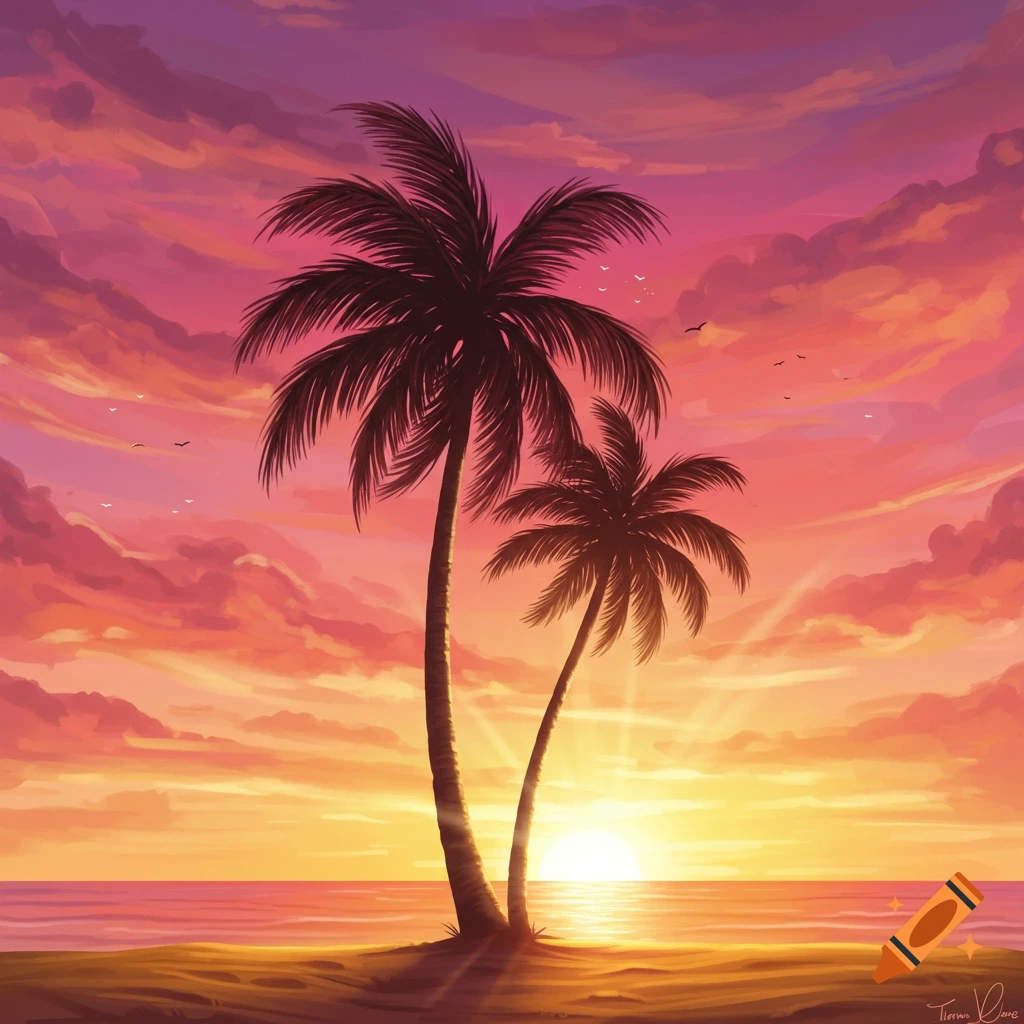 Tropical sunset over the ocean with two silhouetted palm trees on a sandy beach, featuring an orange and pink sky.