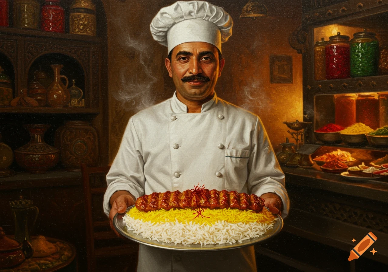 An oil painting of a chef in a white uniform and hat, holding a tray with saffron rice and kebab in a traditional kitchen.