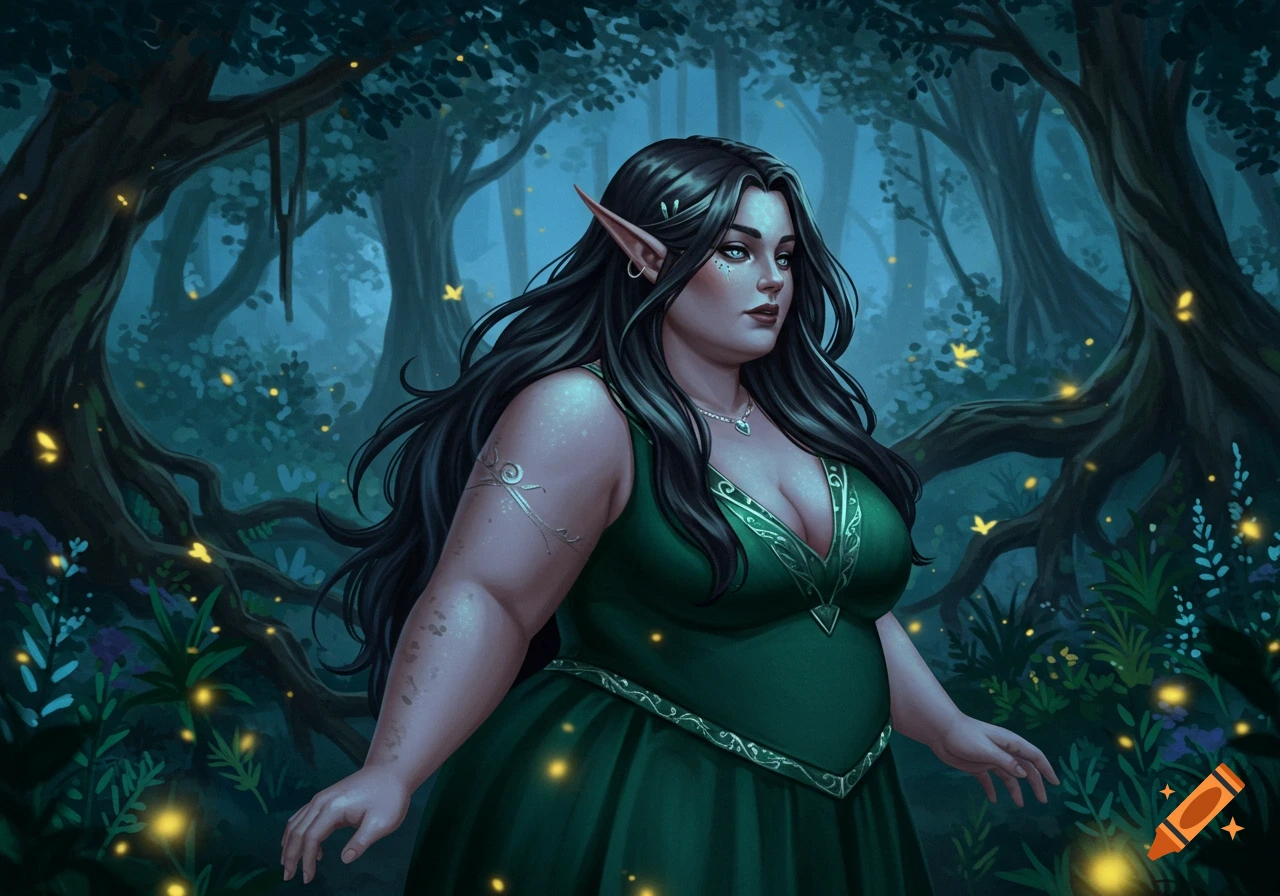 A plump half-elf woman with long black hair stands in a dark, glowing fantasy forest.