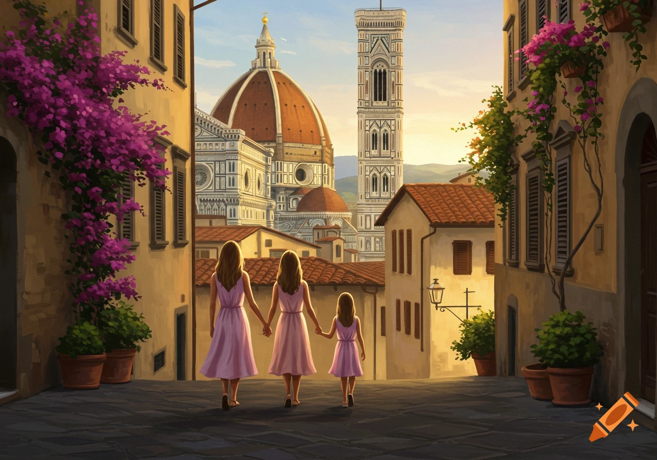 Three figures in pink dresses, including a child, walk hand-in-hand down a cobbled street towards the Florence Duomo and Giotto's Bell Tower at sunset.