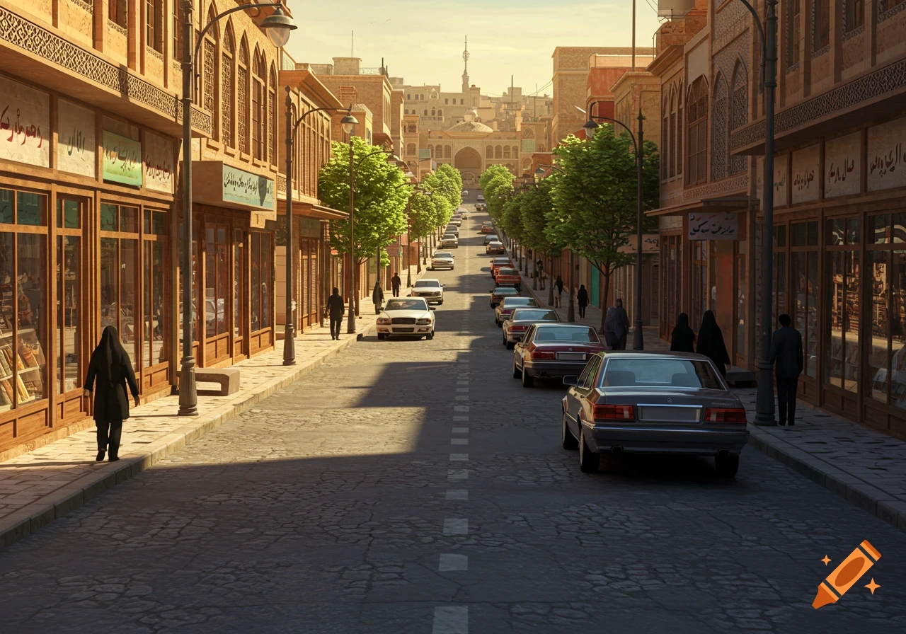 A photorealistic depiction of a wide street in an Iranian city, lined with traditional buildings and shops, with cars parked and people walking.