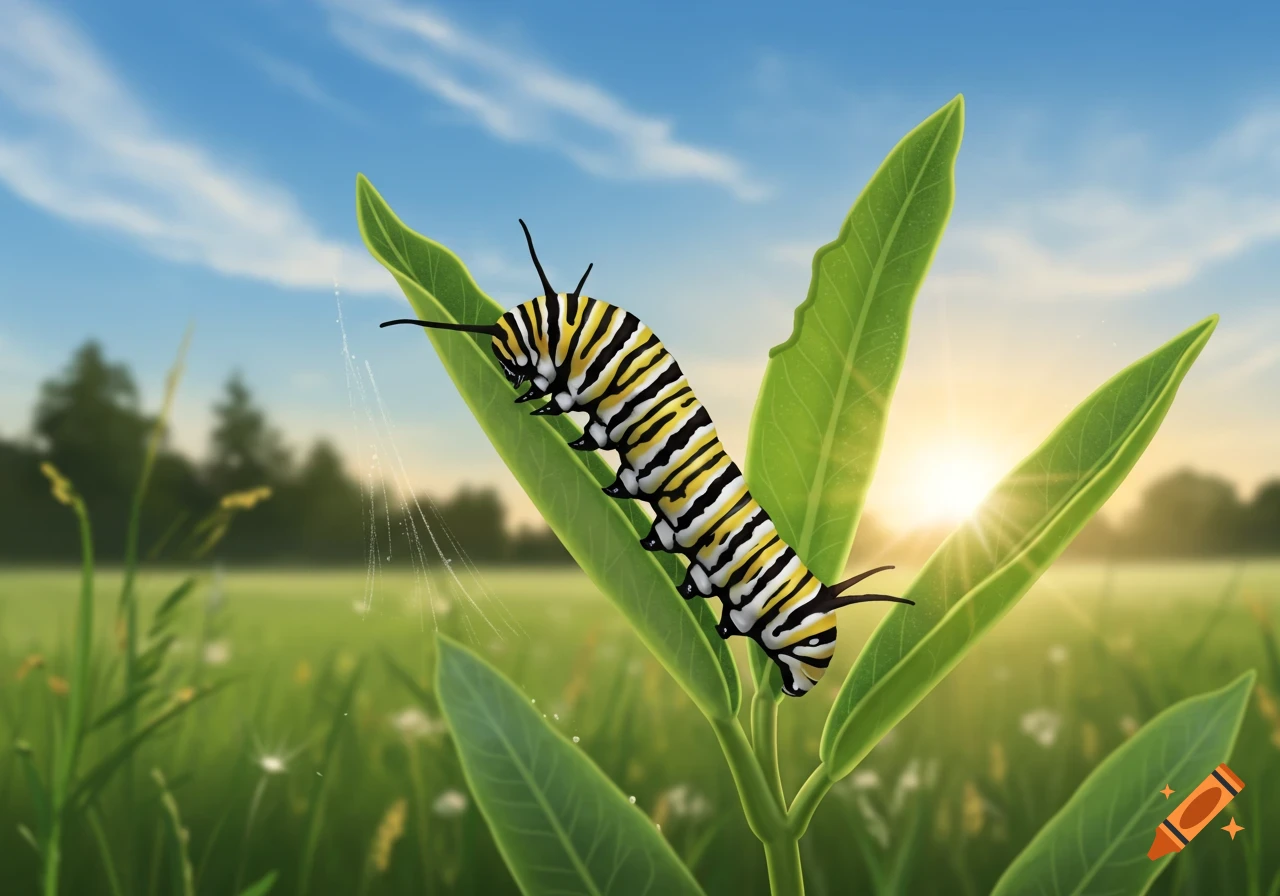 A monarch butterfly caterpillar with black, yellow, and white stripes crawls on a green milkweed leaf in a sunny field.