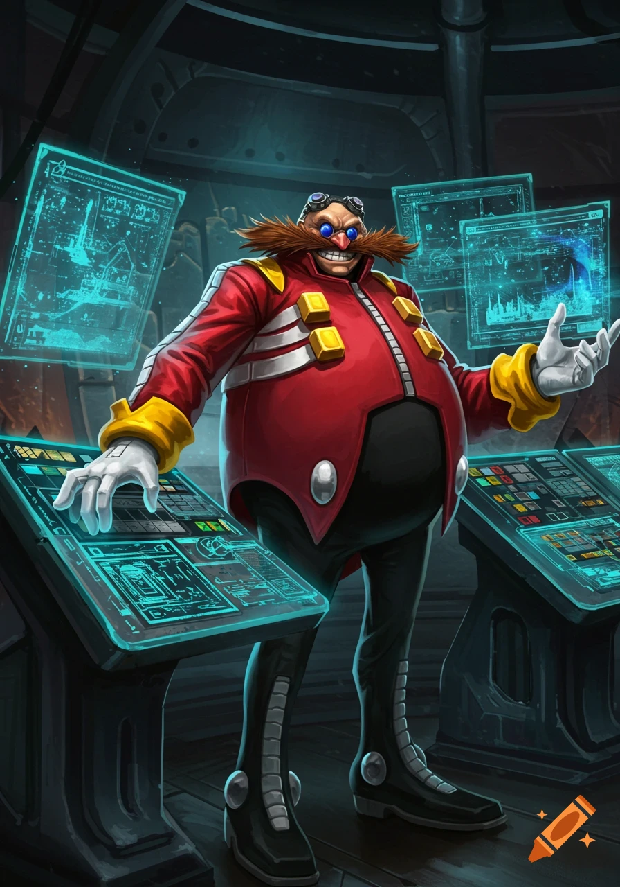 Dr. Eggman stands with a grin in a high-tech control room with glowing holographic screens and panels.