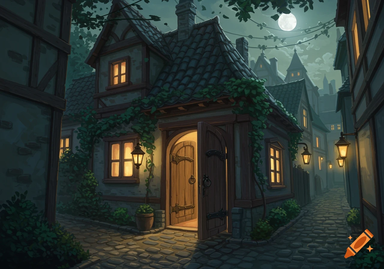 A charming, moonlit cobblestone alley with an open door to a house covered in vines, illuminated by warm lanterns.