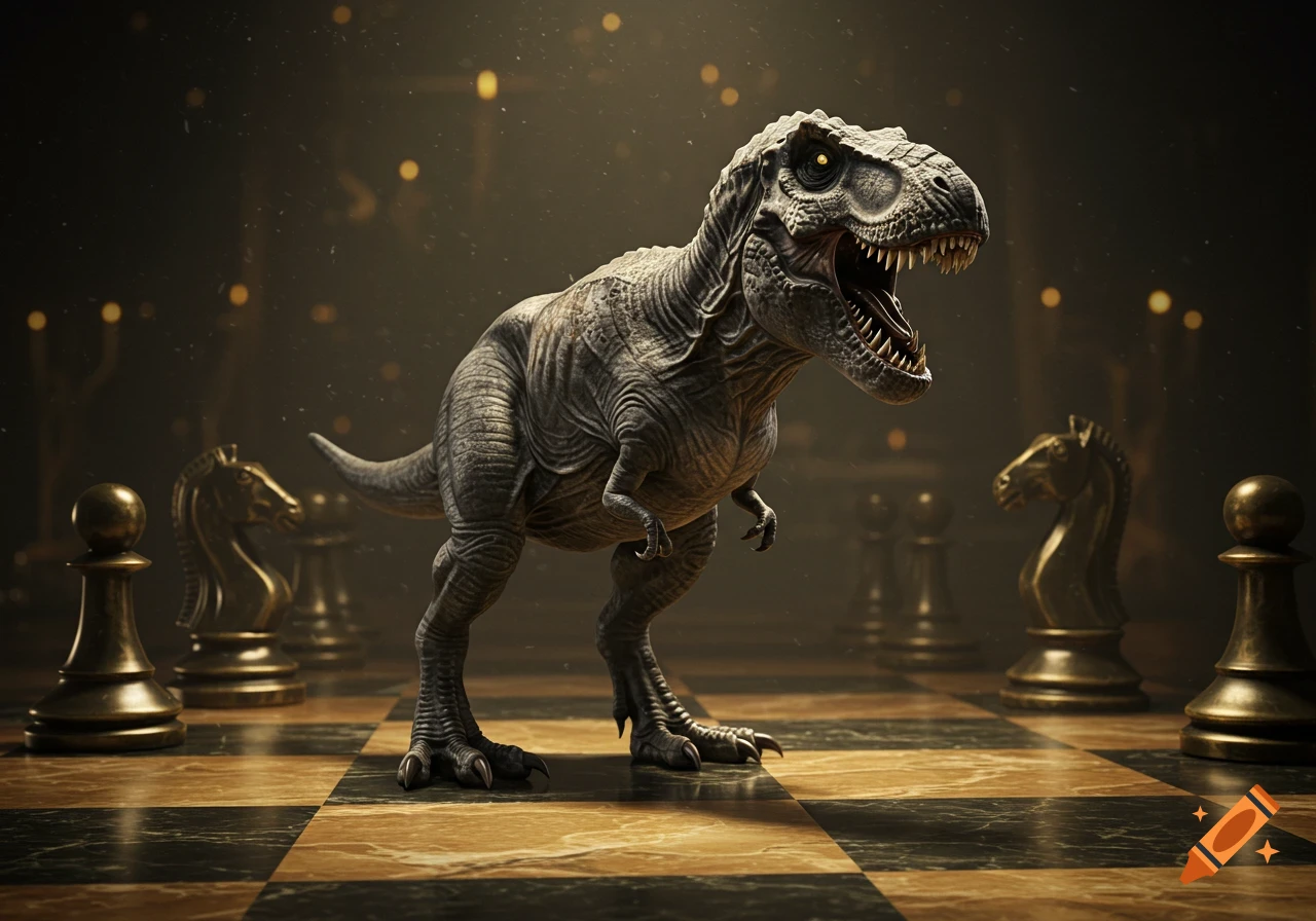 A highly detailed, photorealistic T-rex stands on a large chessboard surrounded by golden chess pieces.