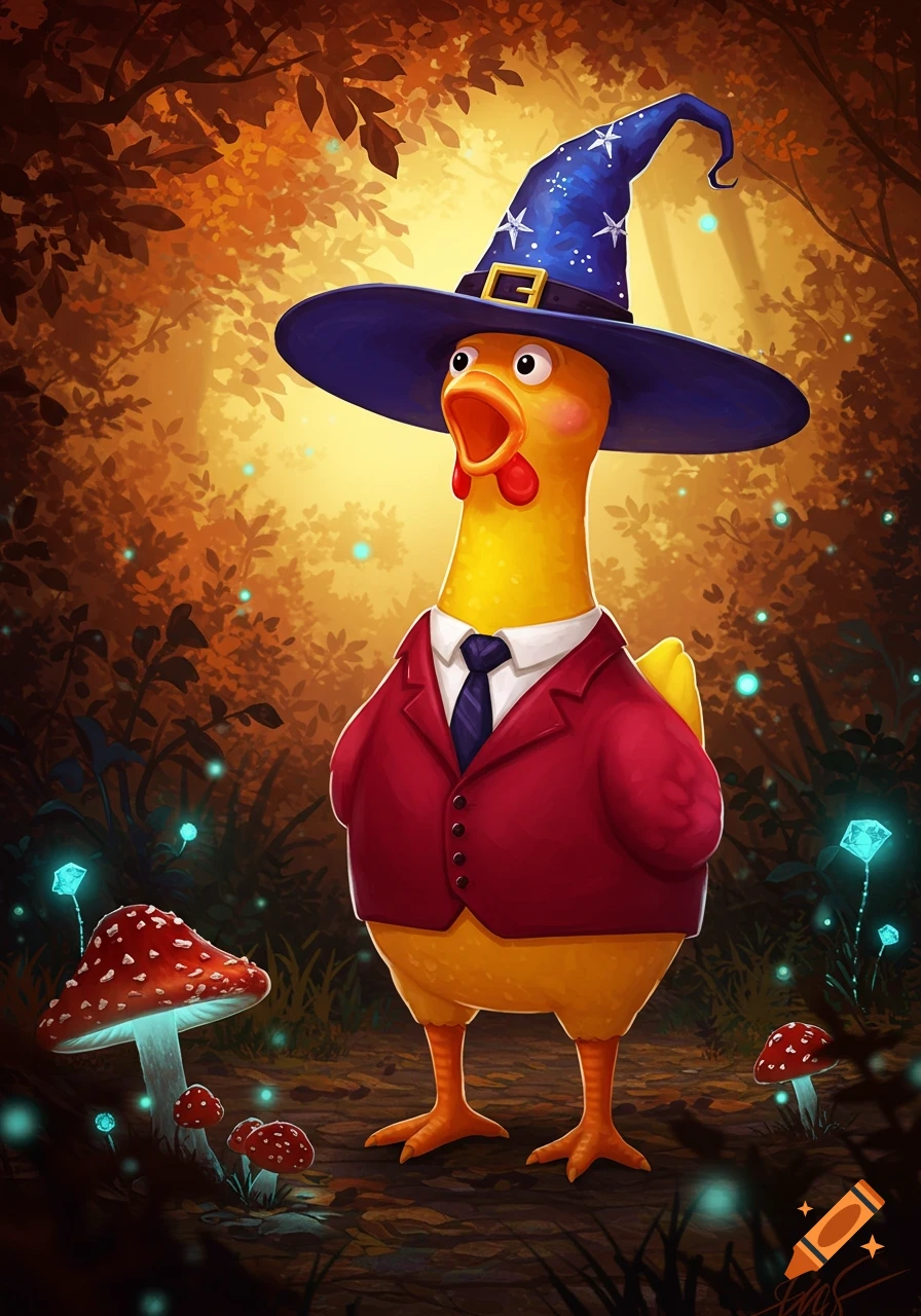 A cartoon chicken wearing a red suit and a blue wizard hat stands in a magical forest with glowing mushrooms.