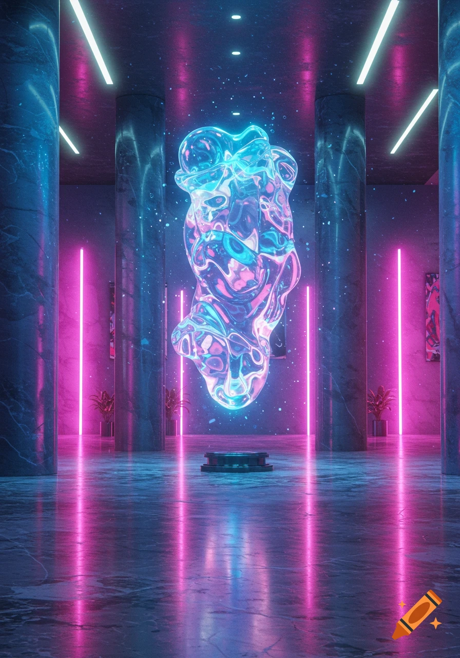 An abstract, iridescent sculpture glows with blue and pink light in a futuristic room with neon lights and columns.
