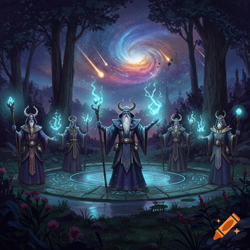 Five hooded wizards with glowing staffs perform a ritual on a stone circle in a dark forest, under a vibrant spiral galaxy and shooting stars.