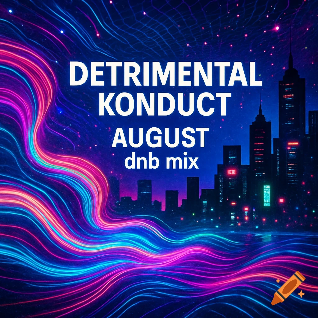 Vibrant blue and purple neon light waves against a dark cityscape with white text: DETRIMENTAL KONDUCT AUGUST dnb mix.