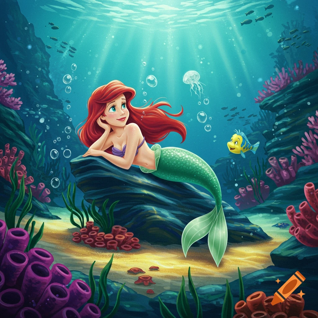 Ariel the Little Mermaid reclines on a rock underwater with Flounder and a jellyfish nearby, surrounded by coral and bubbles, in a bright cartoon style.