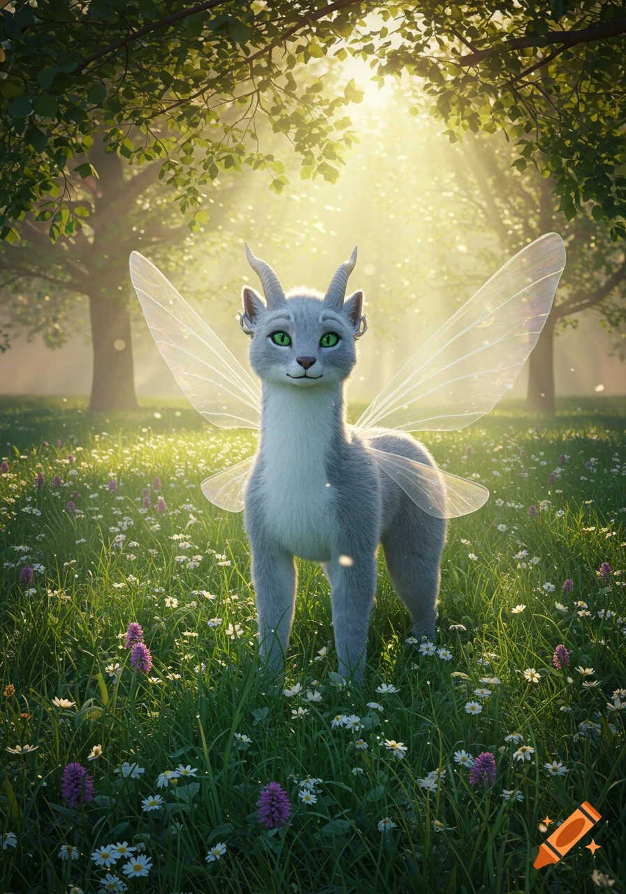 A grey cat-like creature with horns and transparent wings stands in a sunlit field with wildflowers and trees.