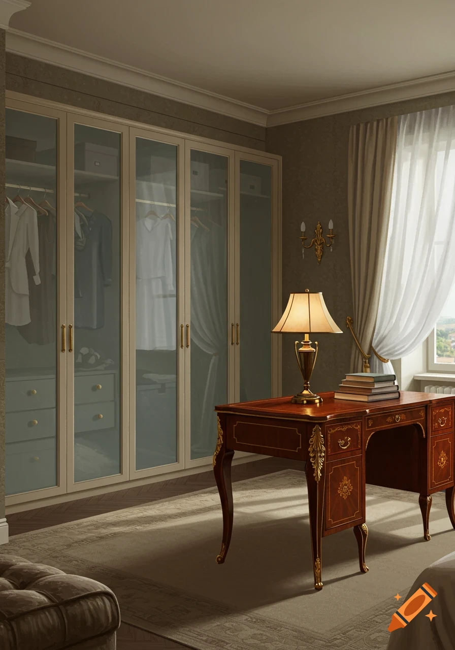 A stylish bedroom features a large wooden desk with a lamp and books, alongside a glass-doored wardrobe, and a window with curtains.