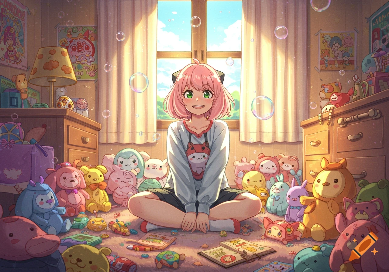 Anime girl Anya Forger sits smiling on the floor of her bright, toy-filled room, surrounded by colorful plushies.
