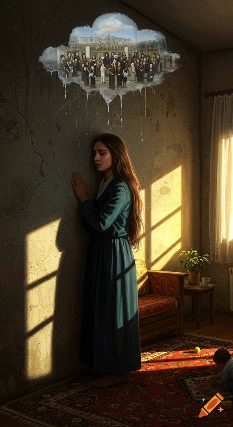 A distressed woman leans against a cracked wall, illuminated by sunlight. Above her, a cloud-shaped hole reveals a crowd of people. A child plays on a red rug.