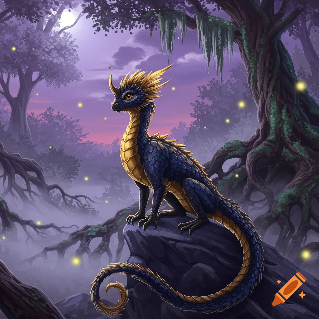 A blue and gold dragon-like creature sits on a rock in a mystical purple forest at dusk with glowing fireflies in an illustrative style.