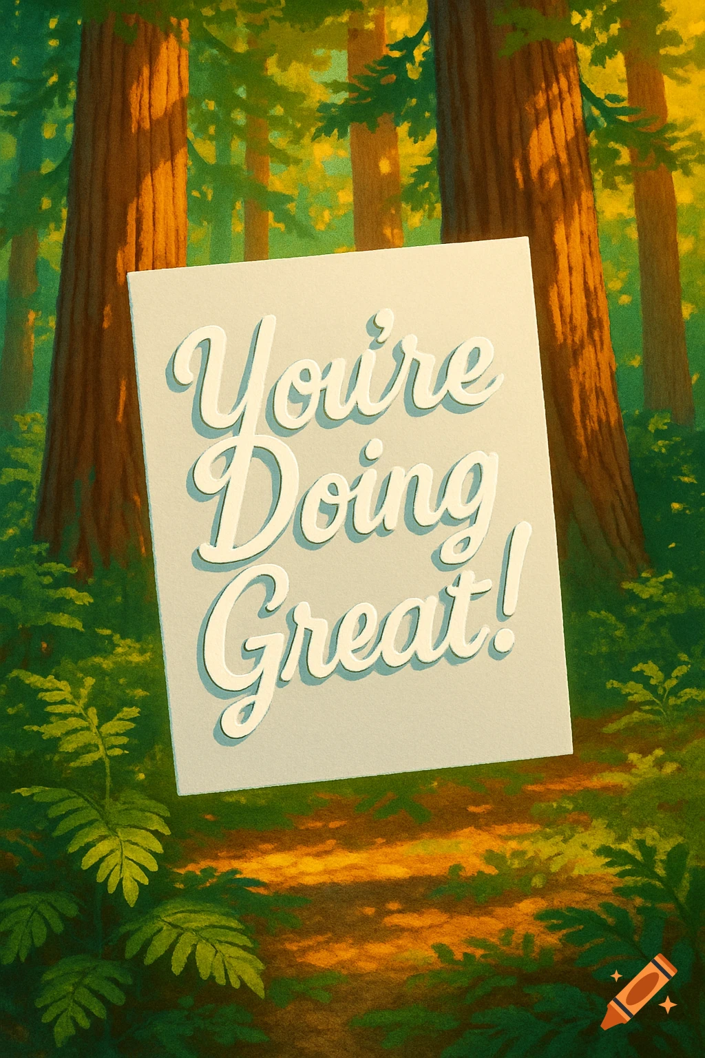 A white card with the words "You're Doing Great!" in script font, set against a vibrant, sunlit forest background with tall redwood trees.