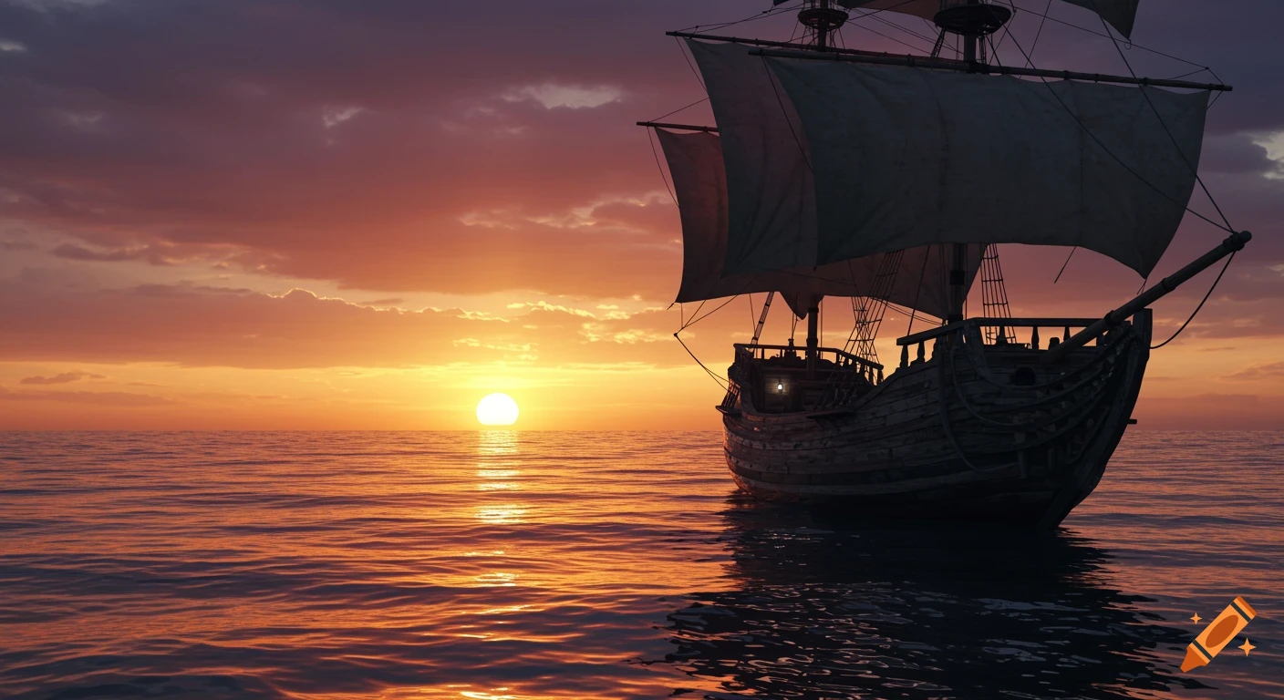 A large wooden sailing ship silhouetted against a vibrant orange and purple sunset over a calm sea, rendered in a cinematic style.