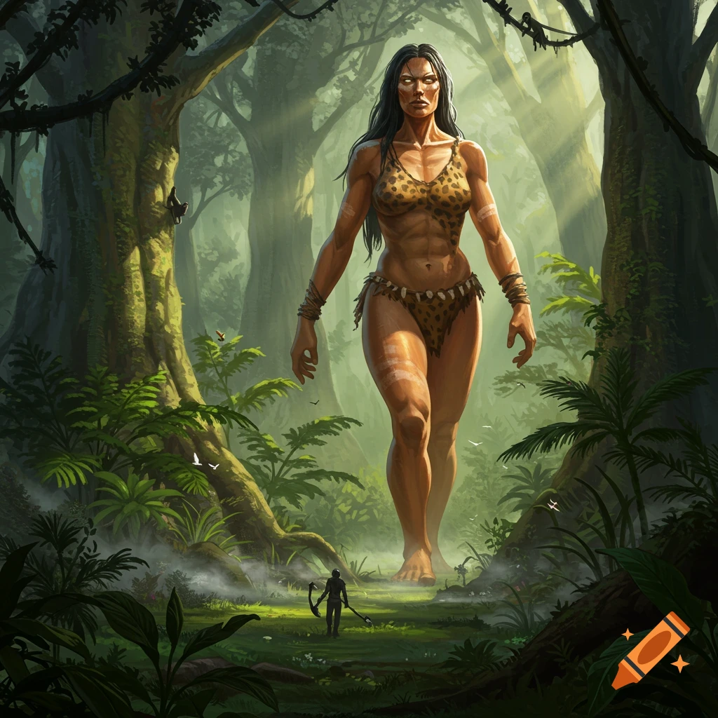A titanic cavewoman in leopard print stands in a sunlit jungle, towering over a tiny male figure on the ground.