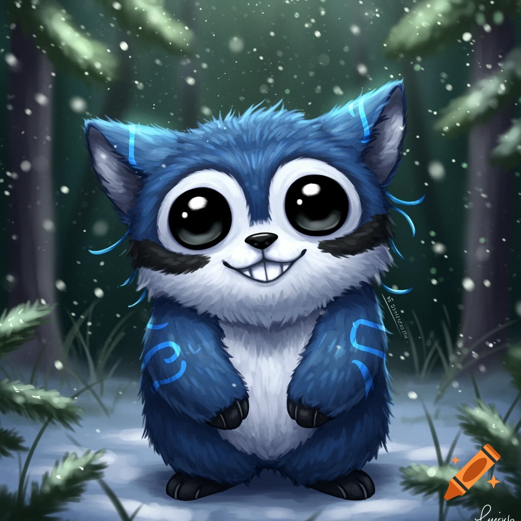 A fluffy blue creature with large eyes and a smile stands in a snowy forest with falling snow.