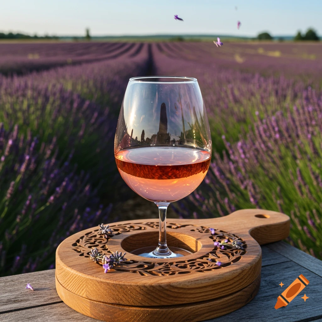 A glass of rose wine on a wooden coaster, set in a vast lavender field under a clear sky.