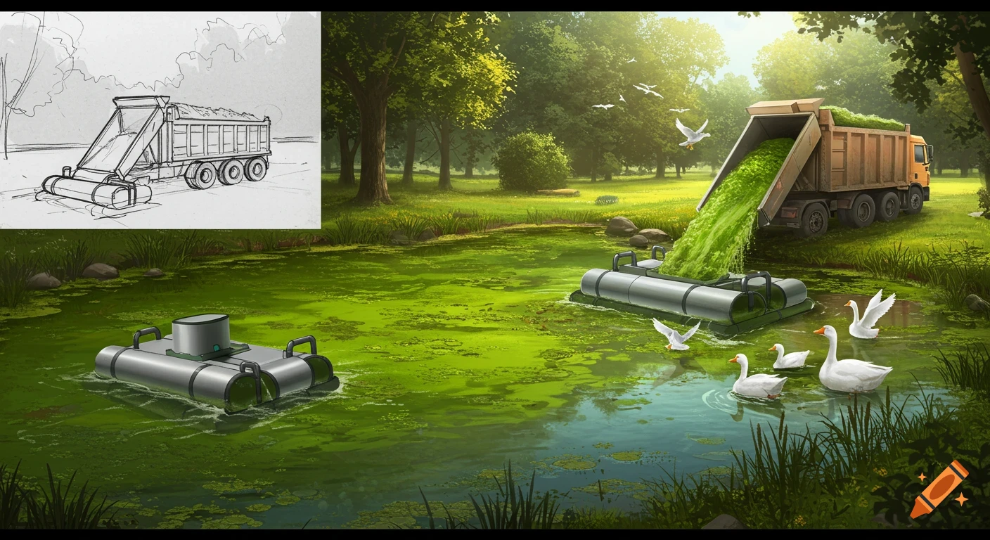 A split image shows a rough sketch of an algae removal machine on the left, and a detailed, colorful illustration of the machine cleaning a green pond with a dump truck and geese on the right.