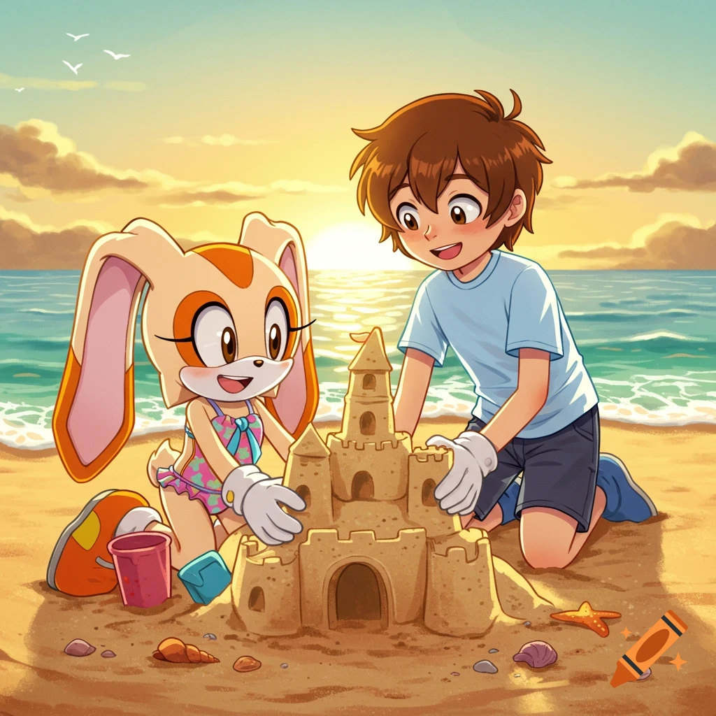 Cream the Rabbit and a boy build a sandcastle on a sunny beach at sunset in an anime style.