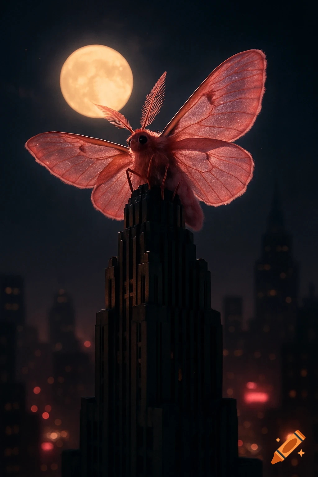 A large, fuzzy pink moth perches on a dark art deco skyscraper at night, silhouetted against a bright full moon and city lights. Photorealistic.