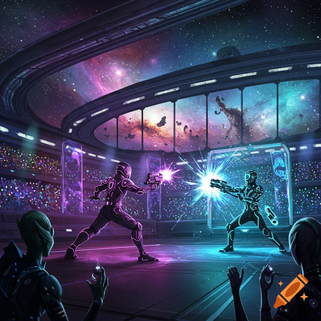Two futuristic warriors duel with energy weapons in a vibrant, neon-lit space arena with alien spectators and a nebula view.